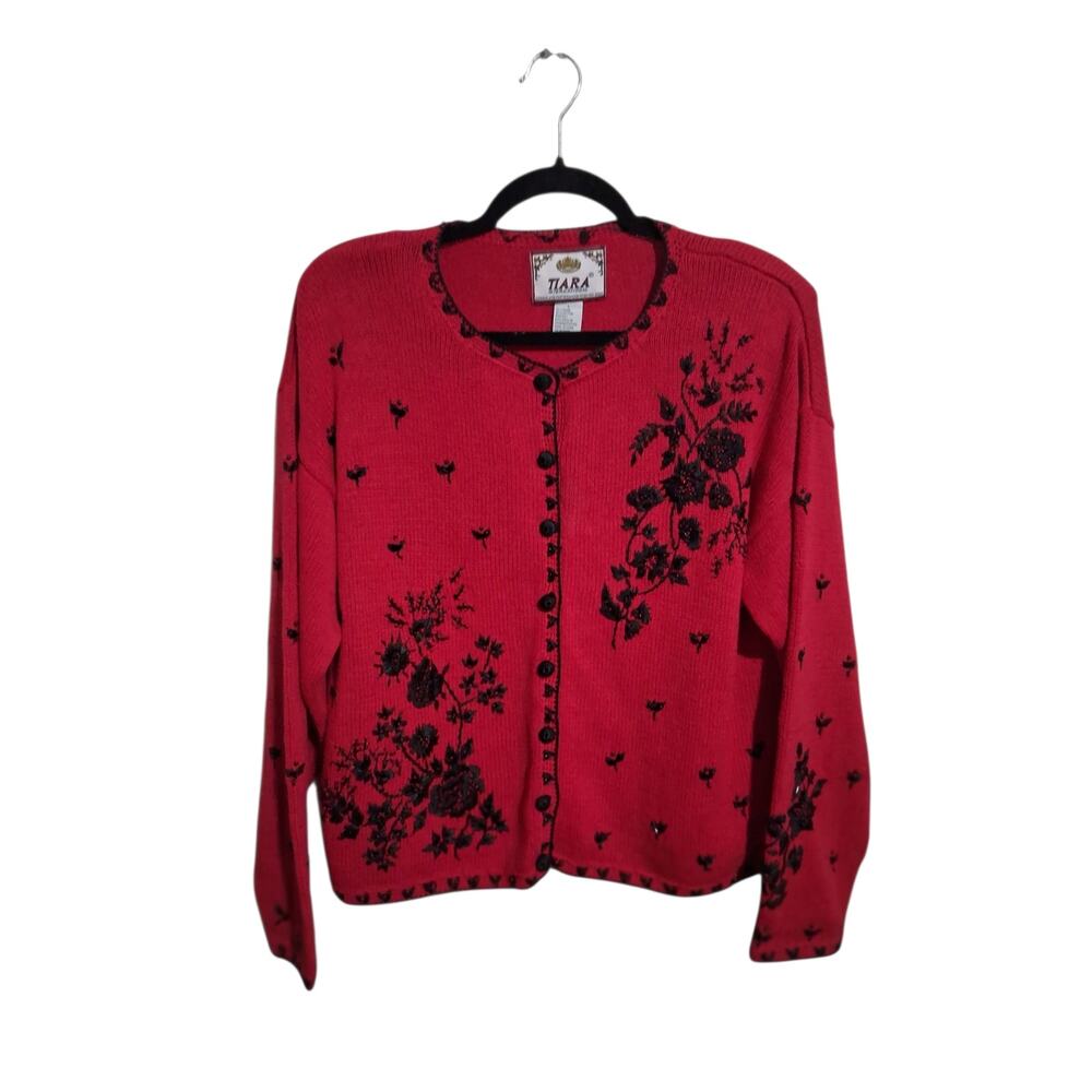 Vintage Tiara International Womens‎ size Large Embroidered Beaded Floral Sweater